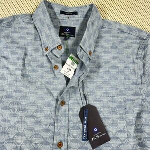 Ben Sherman Mens Textured Slub Stretch Short Sleeve Button Down Shirt Blue Waves